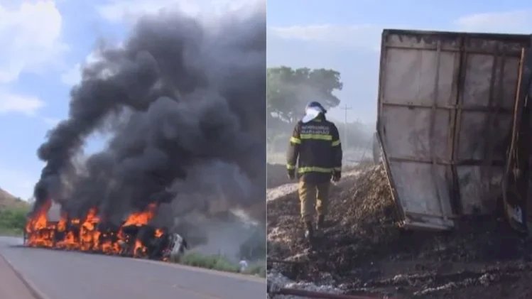 Carreta com carga de algodão tomba, pega fogo e fica destruída em rodovia no Maranhão