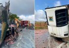 Carreta com leite condensado pega fogo e carga deixa GO-210 escorregadia em Caldas Novas